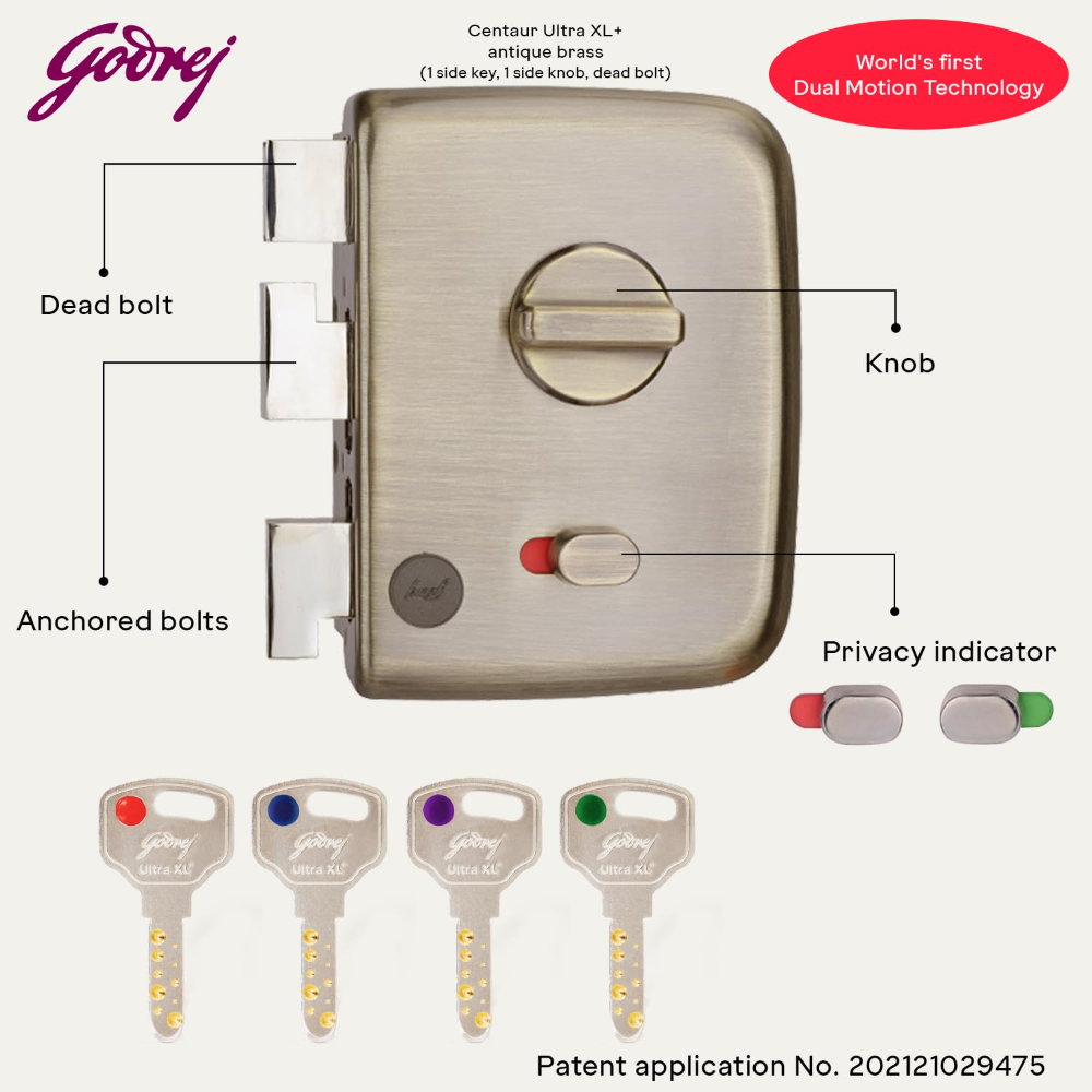 Godrej Rim Lock I Centaur Rim Lock I1st Dual Motion Lock | Ultra XL plus   Technology |4Keys I 1CK Dead Bolt Lock I for Inside or Outside Opening Door for Main  and   Safety Door I Antique Brass Finish